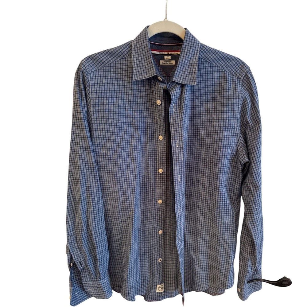 Tommy Hilfiger‎ Men's Custom Fit Blue Plaid Long Sleeve Button Down Shirt S
